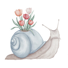 Watercolor cute snail crawling with spring tulip flowers bouquet in its shell. Whimsical garden animal clipart isolated on white background for nursery decor, greeting cards © Tetiana Kravchenko