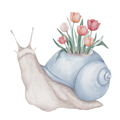 Watercolor cute snail with tulip flowers in its shell illustration isolated on white background. Spring garden character clipart for greeting card, nursery decor, poster © Tetiana Kravchenko