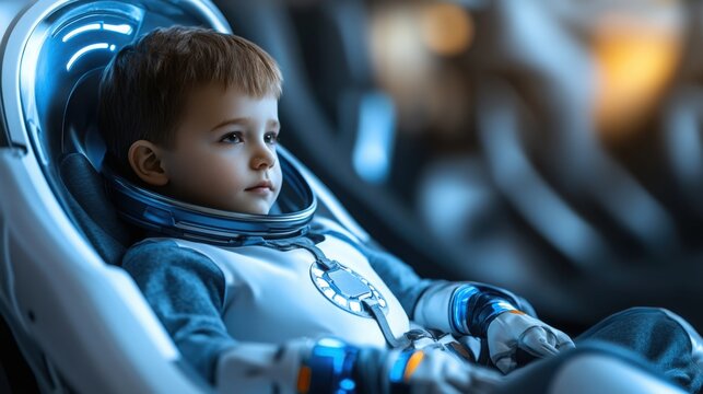 A young boy in a sleek spacesuit sits calmly inside a futuristic spaceship, preparing for a journey into the stars