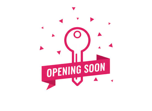 Pink key icon with a ribbon banner that says opening soon for a business launch announcement on social media