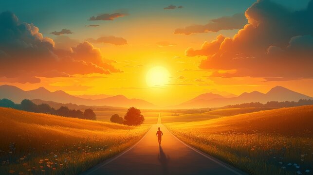 A man runs along a winding road toward the horizon, chasing dreams under a vibrant sunset with mountains in the distance