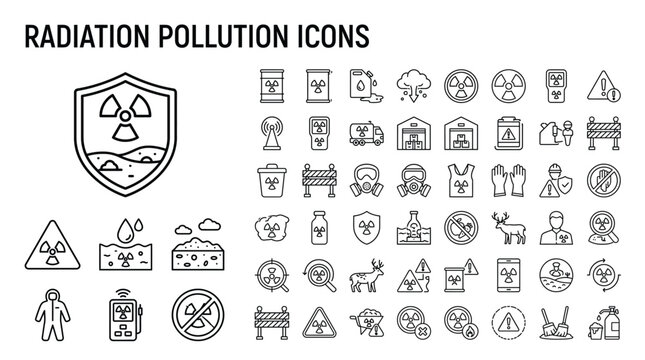 Set of radiation pollution icons, including radioactive waste, protective gear, hazard signs, and environmental contamination symbols, thin line style