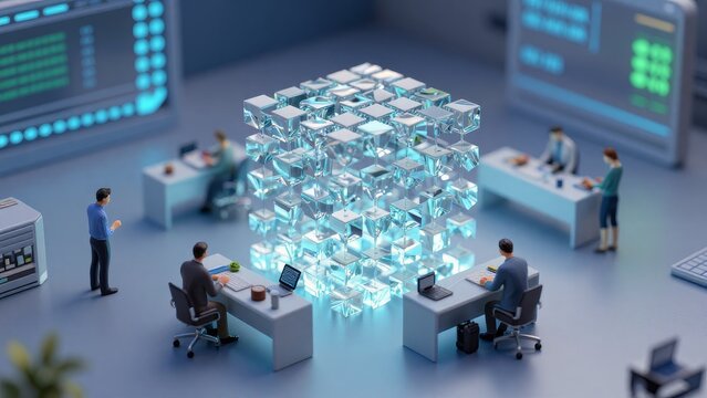 Modern Office Environment with 3D Cubes and Business Professionals