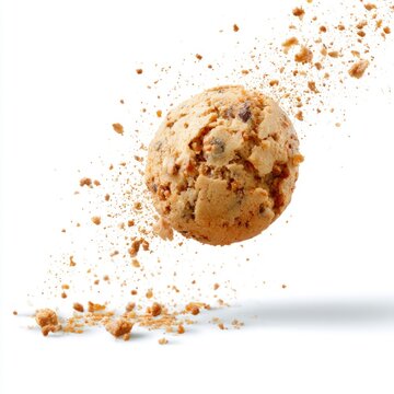 A chocolate chip cookie breaking apart mid-air with crumbs scattering against a white background.