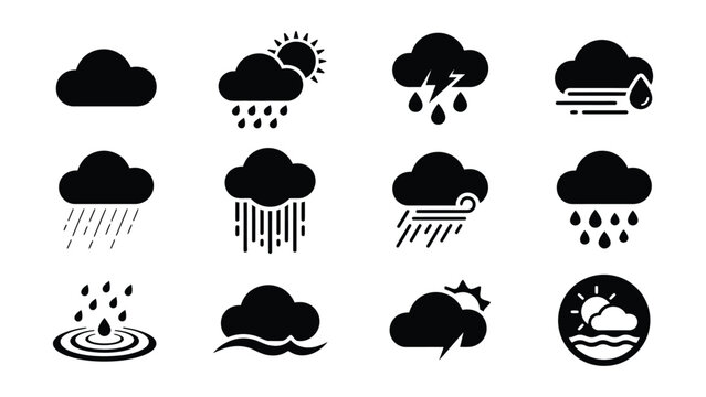 Set of Weather Condition Icons Showing Different Types of Clouds and Rain