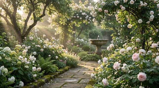 Peaceful Rose Garden Pathway in Morning Light