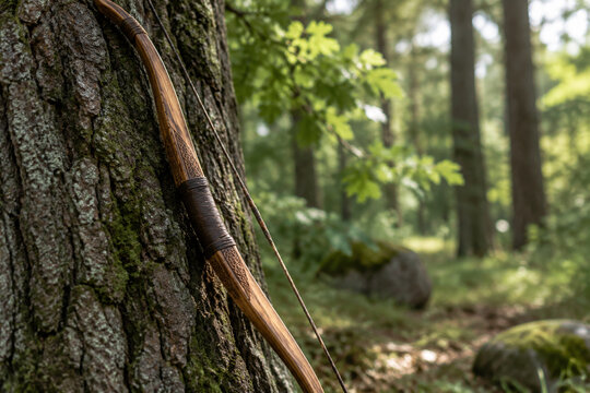 A finely crafted longbow leaning against an oak tree.