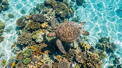 Sea Turtle Glides Gracefully Over Vibrant Coral Reef Ecosystem in Crystal Clear Tropical Waters © Loback