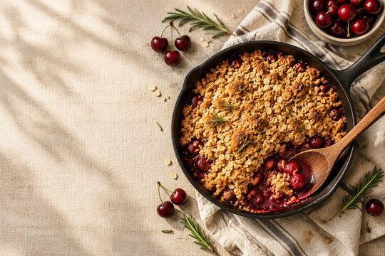 Vegan cherry crumble in cast iron skillet, rustic food concept.