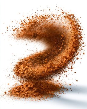 A dynamic swirl of finely ground brown powder, suspended and exploding against a white background.