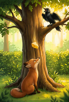 A cunning fox waits as a crow perched on a branch drops a piece of cheese in the forest with wildlife