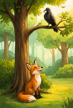 A red fox sitting at the base of a tree in a sunny forest looking up at a crow with wildlife