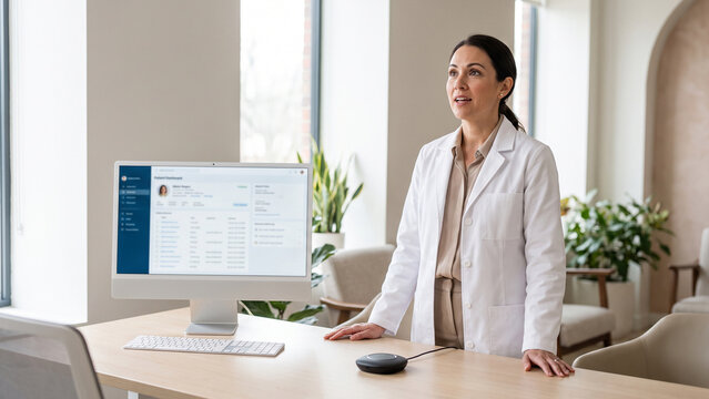 Physician using voice assistant technology during a clinical workflow in a modern healthcare environment, representing hands free automation and digital transformation in medicine.
