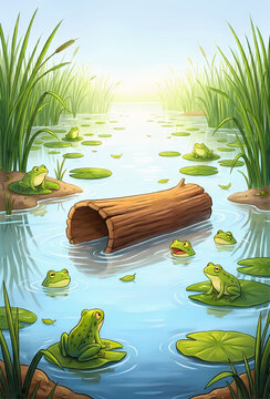 Cartoon frog on a lily pad in a peaceful pond with a floating log amphibians illustration wildlife