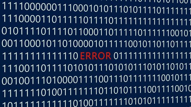 Error text or word with digital binary animation made in After Effects for digital world technology concept, representing system failures, software bugs, and broken digital processing.