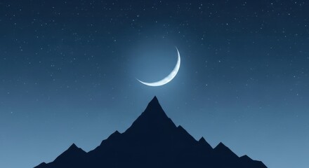 Obraz premium Crescent moon shining brightly over a silhouetted mountain peak at night