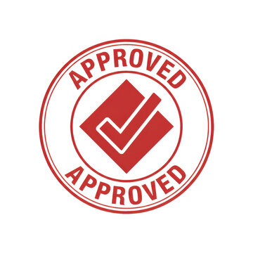 Red approved stamp icon with a check mark inside a round border for business quality control and validation