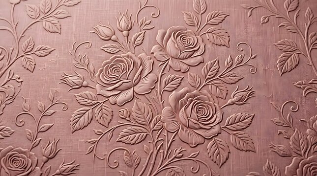 A dusty rose textured background featuring an elegant embossed floral pattern of roses and leaves.