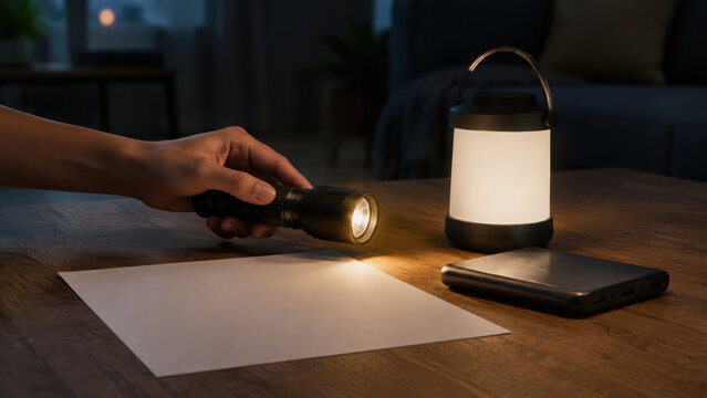 Emergency procedure flyer with flashlight and lantern illuminating blank paper beside mobile phone indoors