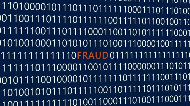 Fraud text or word with digital binary animation made in After Effects for digital world technology concept, representing cyber scams, financial deception, and unauthorized online transactions.