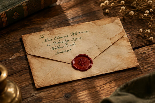Weathered parchment envelope sealed with red wax on aged wood.