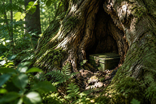Small green metal box hidden in a hollow tree in a dense forest.