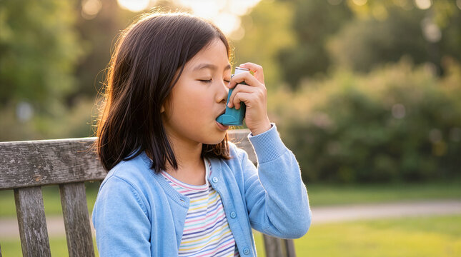 Asian girl using asthma inhaler medication for asthma attack or allergy relief in park, respiratory healthcare