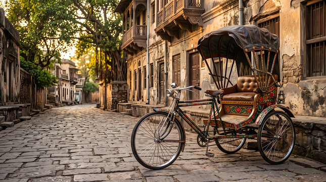 A vintage bicycle rickshaw parked on a narrow cobblestone street in a historic old town neighborhood during the warm golden hour sunset light