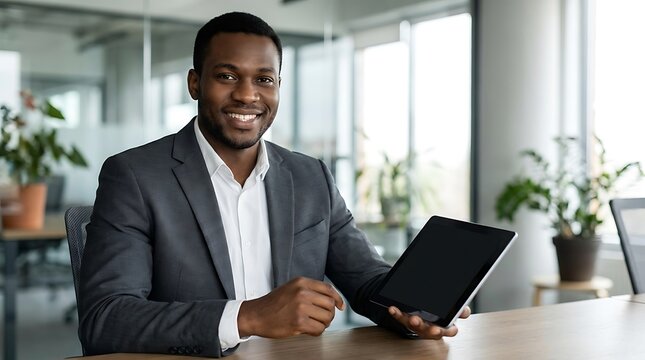 Smiling businessman holding tablet in office