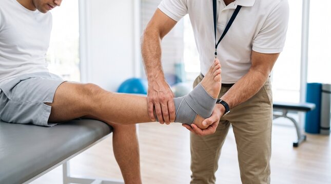 Physical therapist wrapping a compression bandage around an athlete ankle with physical therapy ankle injury sports medicine athletic trainer joint support injury recovery medical taping