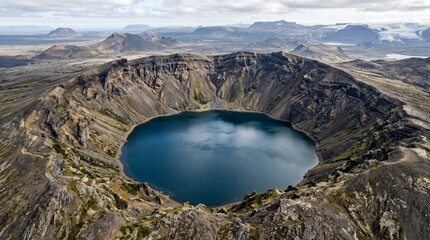 Aerial view of a volcanic crater lake in a rugged Icelandic landscape with distant mountains and glaciers © Loback