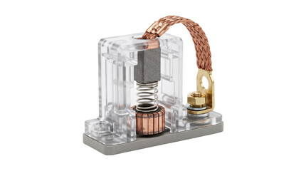 Carbon brush holder assembly with metal spring and braided wire isolated on a white background