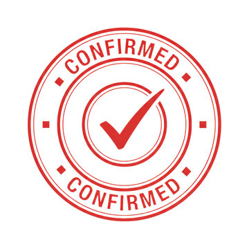 Red round rubber stamp icon with the word confirmed and a check mark symbol for business document approval