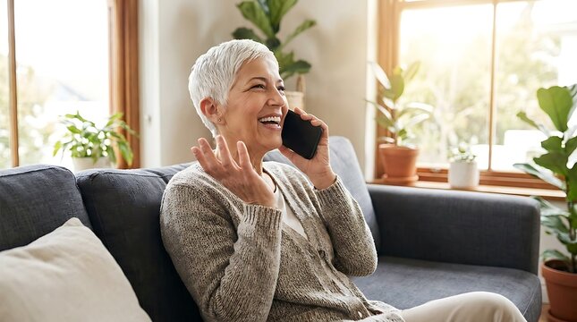 Happy senior woman talking on smartphone while sitting on sofa