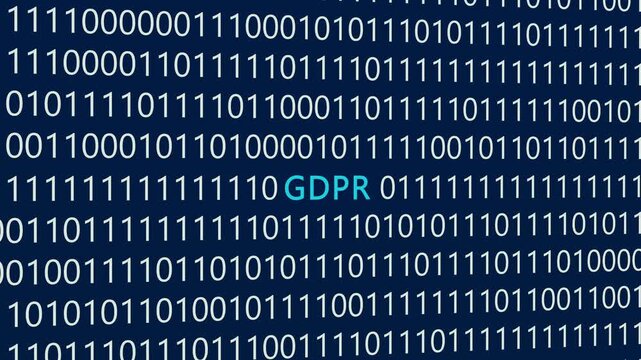 GDPR text or word with digital binary animation made in After Effects for digital world technology concept, representing data privacy regulations, legal compliance, and personal information protection