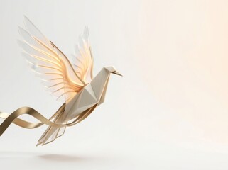 Fototapeta premium Elegant origami crane with golden wings floating against soft backdrop
