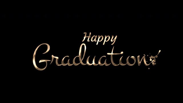 Gold cursive text spelling out happy graduation on a black background with decorative sparkles. Ideal for graduation themed designs.