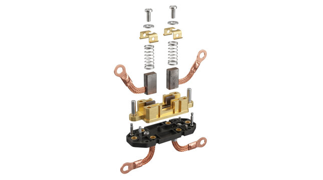 Exploded view showing complex industrial electrical brush holder assembly with shiny metallic components and copper wires