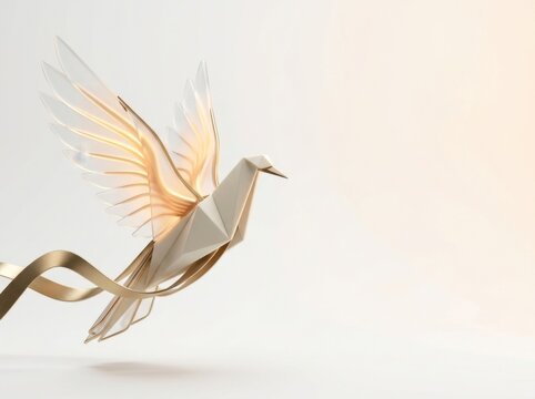 Elegant origami crane with golden wings floating against soft backdrop