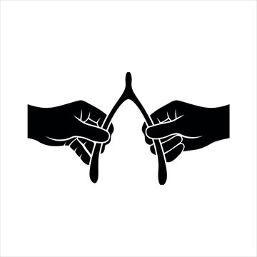 Wishbone pulling hands vector icon. Black silhouette of hands holding a turkey wishbone for luck. Traditional holiday superstition graphic.
