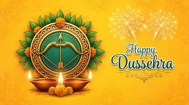 Happy Dussehra Banner with Golden Bow Arrow Circle Frame and Lit Diya Lamps.
