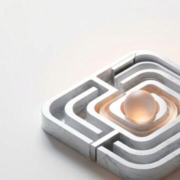 Marble geometric labyrinth with a glowing sphere in the center of design