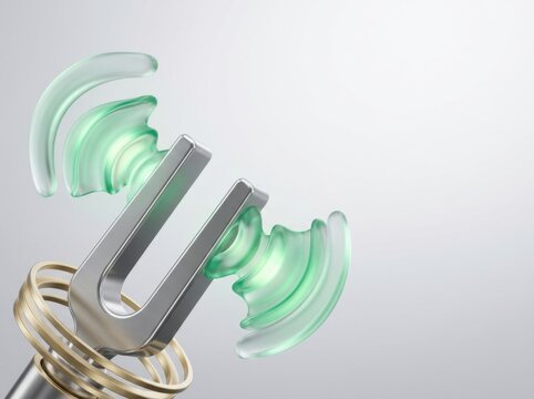 Metallic tuning fork creating digital sound waves and vibrations in modern technology