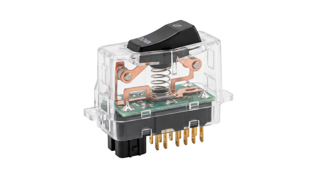 Industrial rocker switch featuring transparent plastic casing with copper internal components on isolated white background