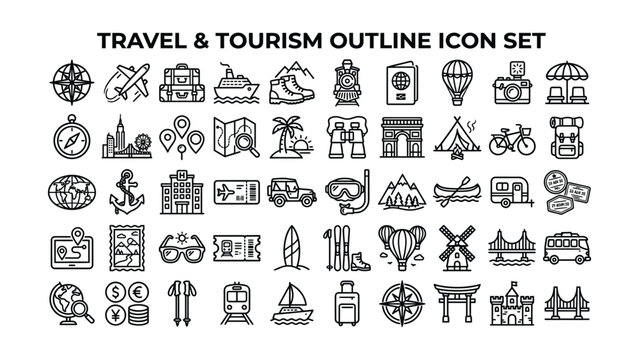Travel and Tourism Outline Icon Set Featuring Various Transportation Modes and Activities on Transparent Background