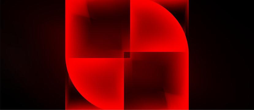 Red abstract geometric design. Square divided into quadrants, featuring curved shapes, glowing effect, dark background. Minimalist composition.