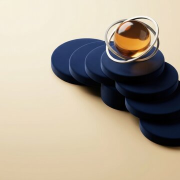 Modern arrangement of navy blue shapes with a transparent orb centerpiece