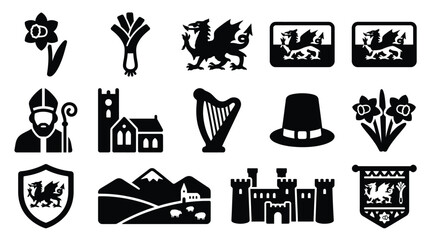A collection of black and white silhouette icons representing Welsh culture and symbols, including a daffodil, leek, dragon, harp, and castle. © yuanita