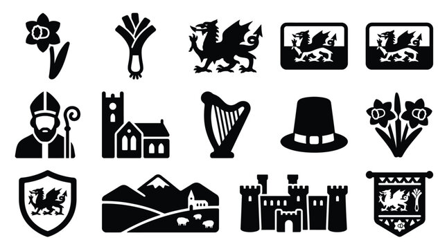 A collection of black and white silhouette icons representing Welsh culture and symbols, including a daffodil, leek, dragon, harp, and castle.