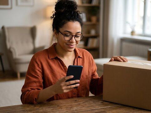 Happy woman using smartphone next to a cardboard delivery box